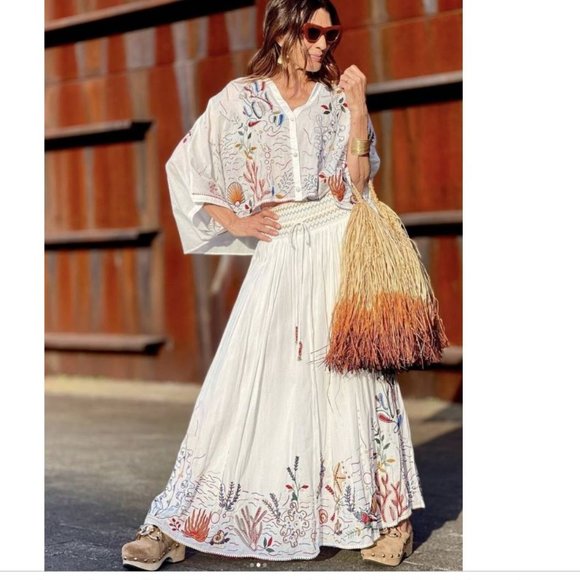 Zara Sea-Life Embroidered Long Cotton Skirt  Ecru XL - Picture 2 of 16